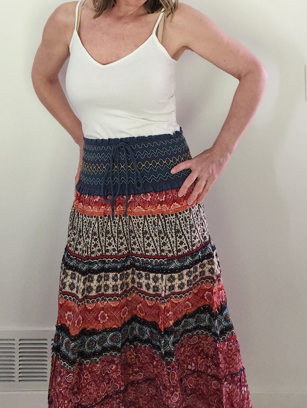 Boho Strapless Tiered Maxi Dress in Navy, Red & Cream - Picture 2 of 3